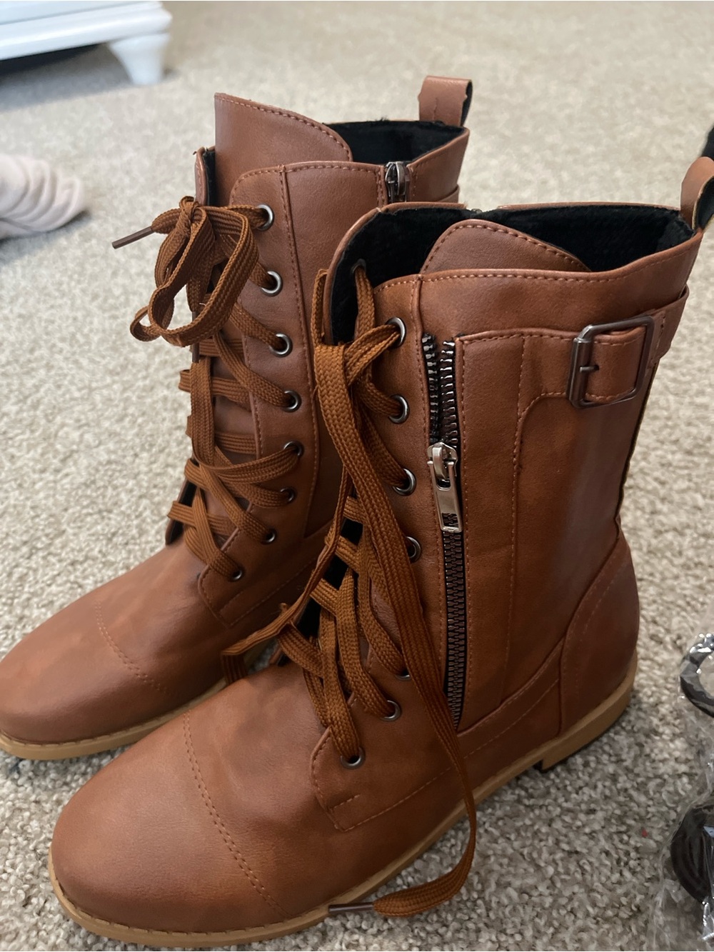 Women's Tan Lace-Up Combat Boots with Side Zip and Buckle